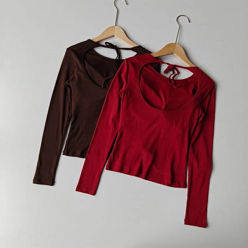 Sexy Backless Sports Top Gym High-end Pilates Fitness Yoga Wear Slim Fit Long Sleeves Shirts Tops with Chest Pad Clothing