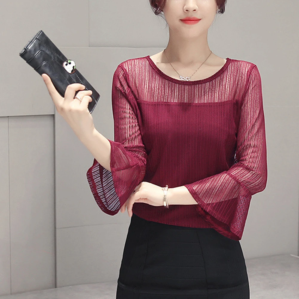 

O Neck Perspective Mesh Splicing Stretch T Shirts Women Tops S-XXXL Lady Slim Flare Sleeve Lace Shirt Woman Sexy Tees Clothing