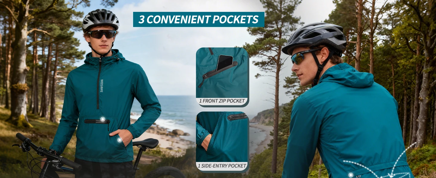 WOSAWE Frühlings-Herren-Fahrrad-Windjacke, wasserabweisend, halber Reißverschluss, Pullover, verstaubar, winddicht, mit Kapuze, Fahrradjacke – Detail 5
