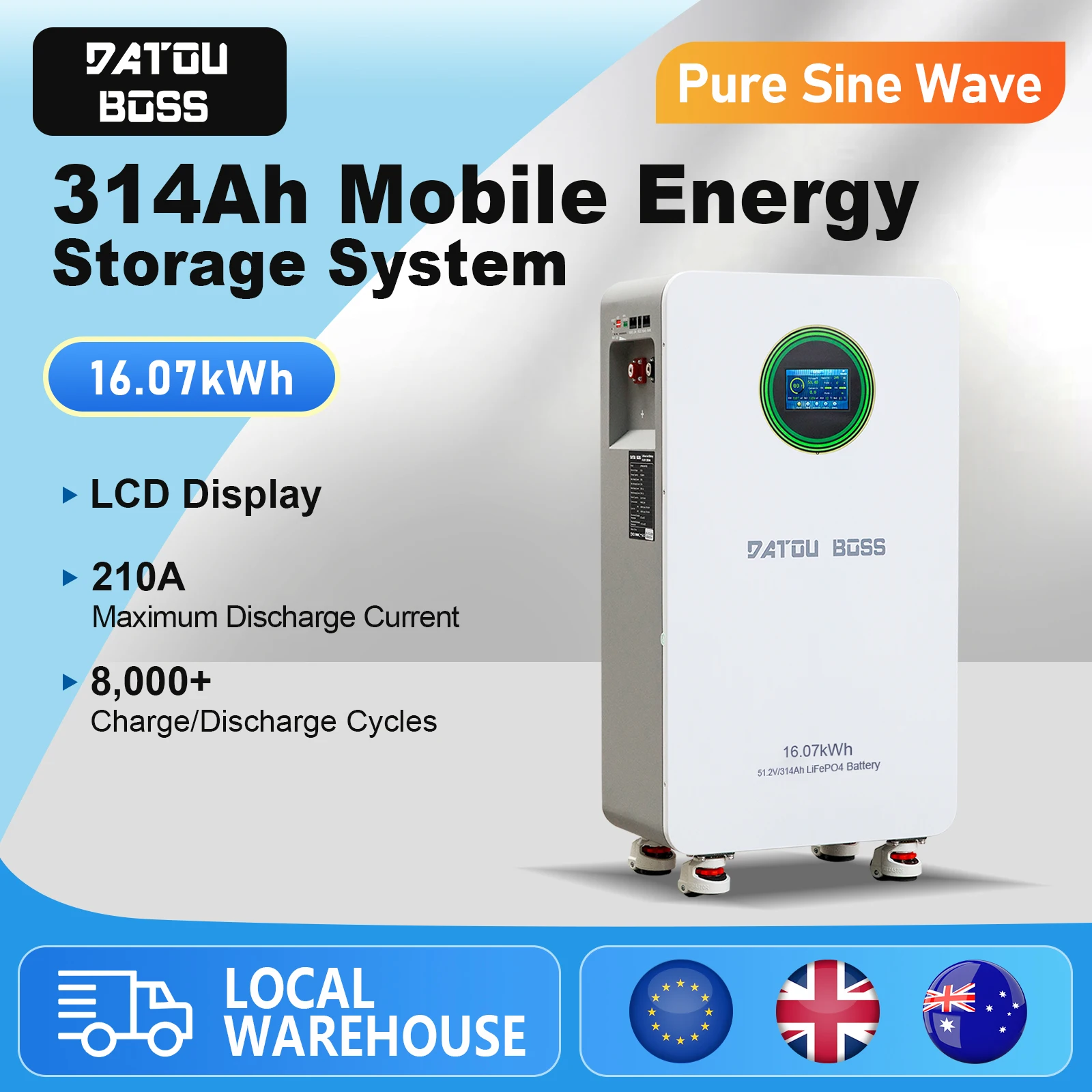 

MFUZOP 48V314Ah LiFePO4 Battery Pack 16.07kWh Portable Wheeled 51.2V150AMax210A 8000+Cycle Solar Power System RS232 RS485 CAN