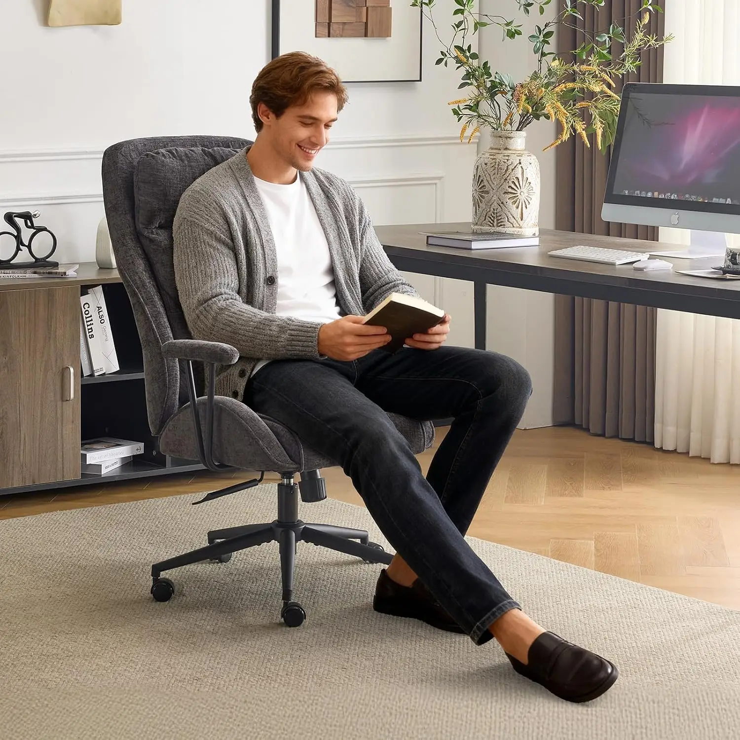 Chenille Ergonomic High-Back Office Chair 100-130° Recline Adjustable Base Padded Back Wheels Gaming Home Office Gray, Customize
