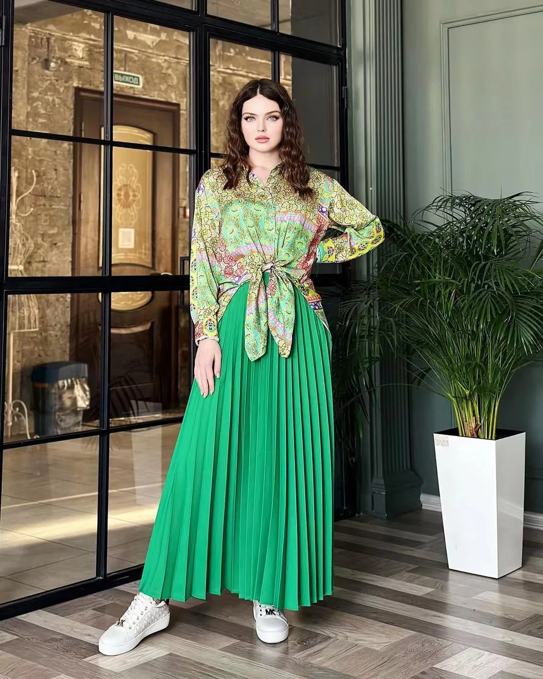 Printed irt Pleated Skirt Set Women's Faion Ensemble Autumn 2023 Gauze Fabric f-length Skirt Matching Top Set