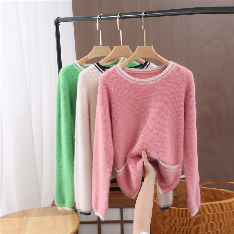 

Retro Autumn Winter Women's Sweater Pullover 100% Mink Cashmere Pullover Knit O-Neck Basic Sweater Casual Soft Lazy Gently Top
