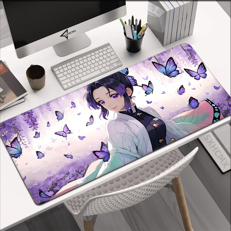 Mousepad Gamer Kochou Shinobu Demon Slayer Mouse Pad Office Desk Pad Computer Gaming Accessories Stitch Edge Rubber Keyboard Mat