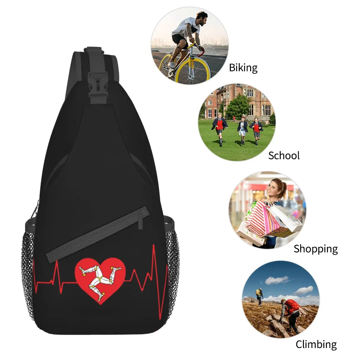 Isle Of Man Flag Small Sling Bag Chest Crossbody Shoulder Sling Backpack Hiking Travel Daypacks Heartbeat Motorcycle Casual Bag