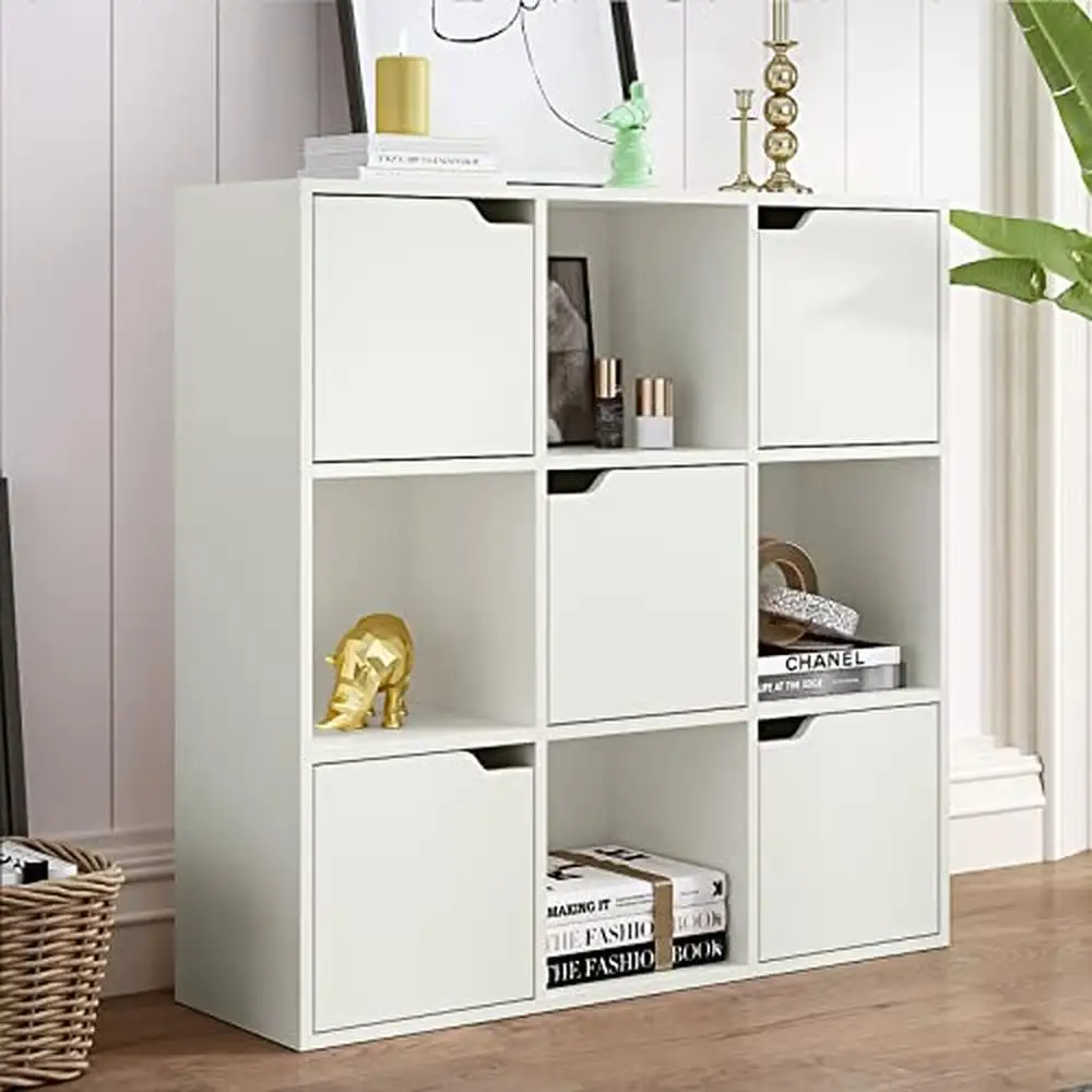 9-Cube Wooden Bookshelf with Doors Eco-Friendly Modern Display Cabinet Home Office Storage Heavy-Duty Open Shelving Organizer