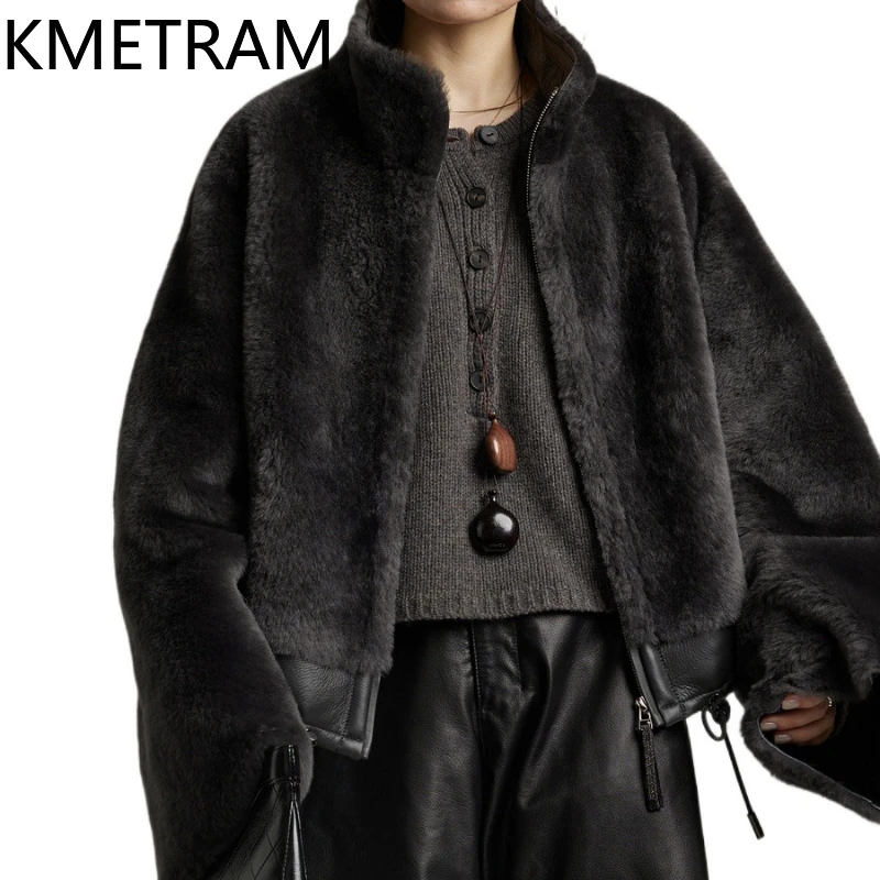 KMETRAM 100% ميرينو معطف فرو من صوف الغنم امرأة الوقوف طوق سترة الفراء الحقيقي الخريف والشتاء ملابس كاجوال 2025 شبابا نسائية