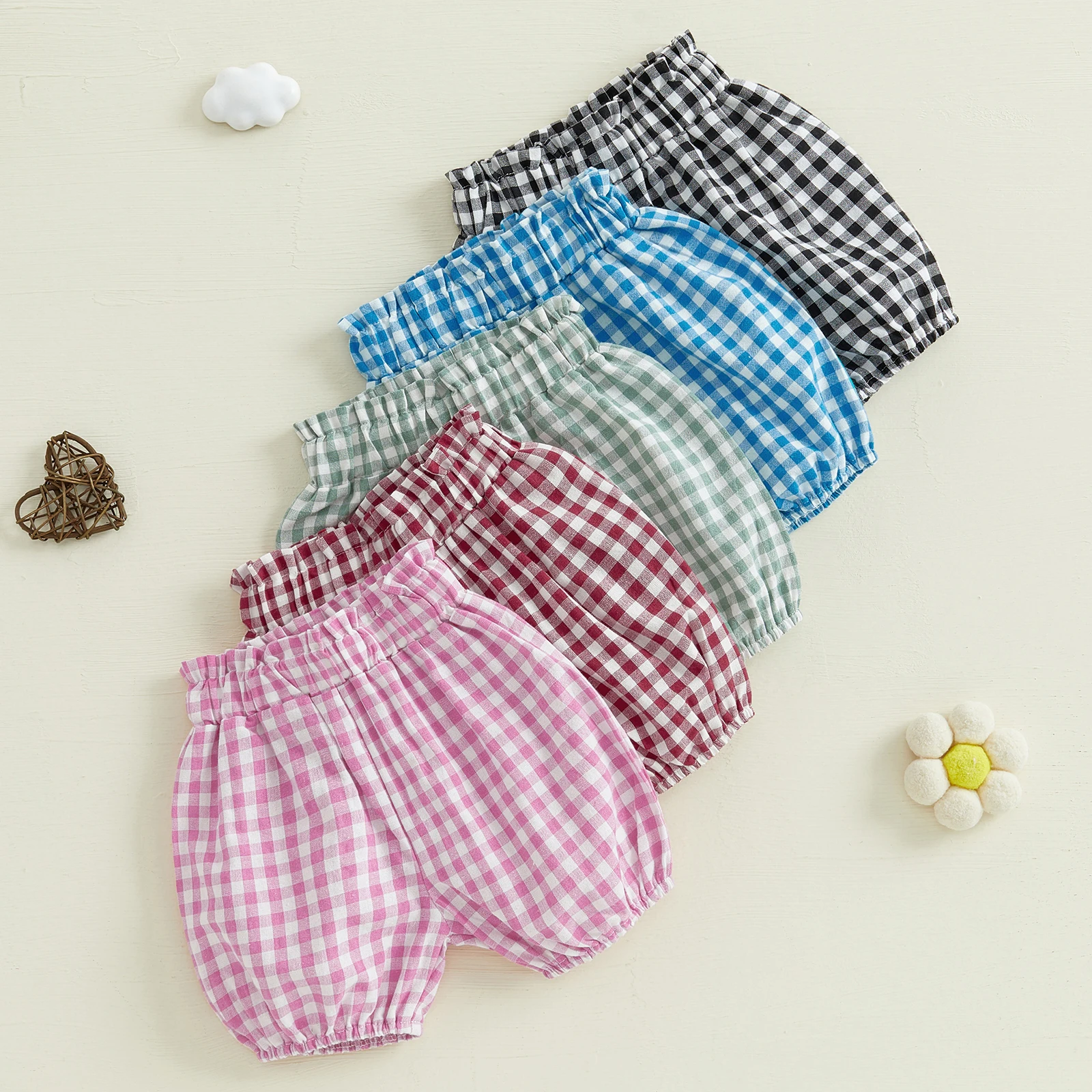 Baby Clothing Girl Bloomers Shorts Plaid Print Elastic Waist Ruffled Detail Summer Shorts