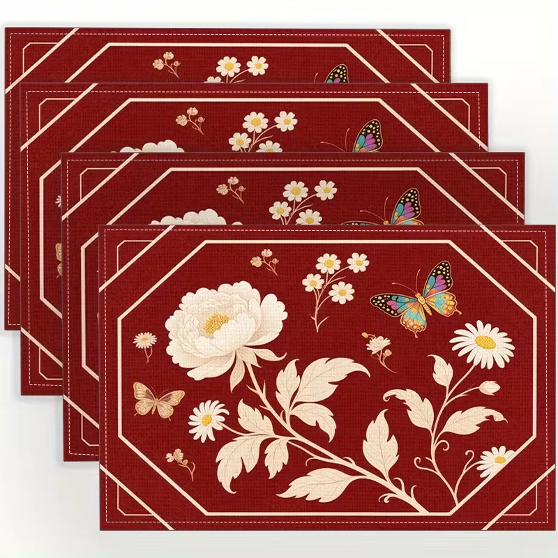 Blue and White Porcelain Floral Printed Table Mat Vintage Ethnic Decorative Placemat for Dining Table Kitchen Indoor Home Party