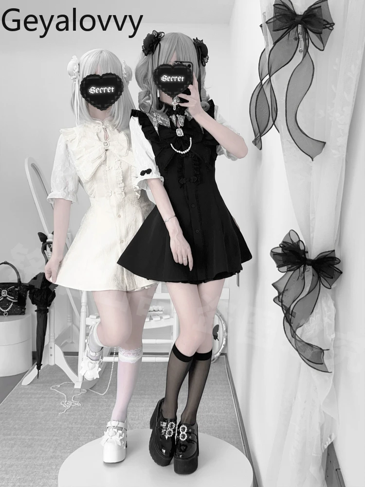 

Y2K Subculture Летнее платье с короткими рукавами Sweet Lady в китайском стиле с кружевным бантом Черно-белое тонкое платье и шорты Комплект из двух предметов