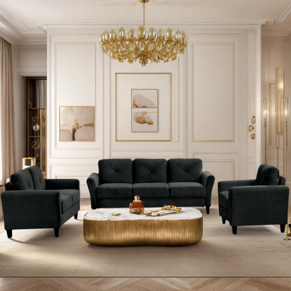 

Modern Flannelette Sofa Couch with High-Density Sponge, Solid Wood Frame, Supportive Cushions for Living Room or Apartment
