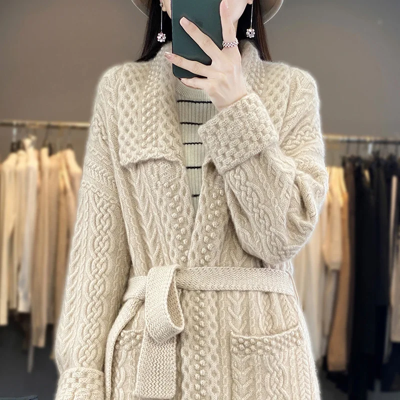 Pure Wool 2023 Autumn/Winter New Women's Mid Length Solid Color Lapel With Pocket Twisted Wer Thickened Knitted Cardigan