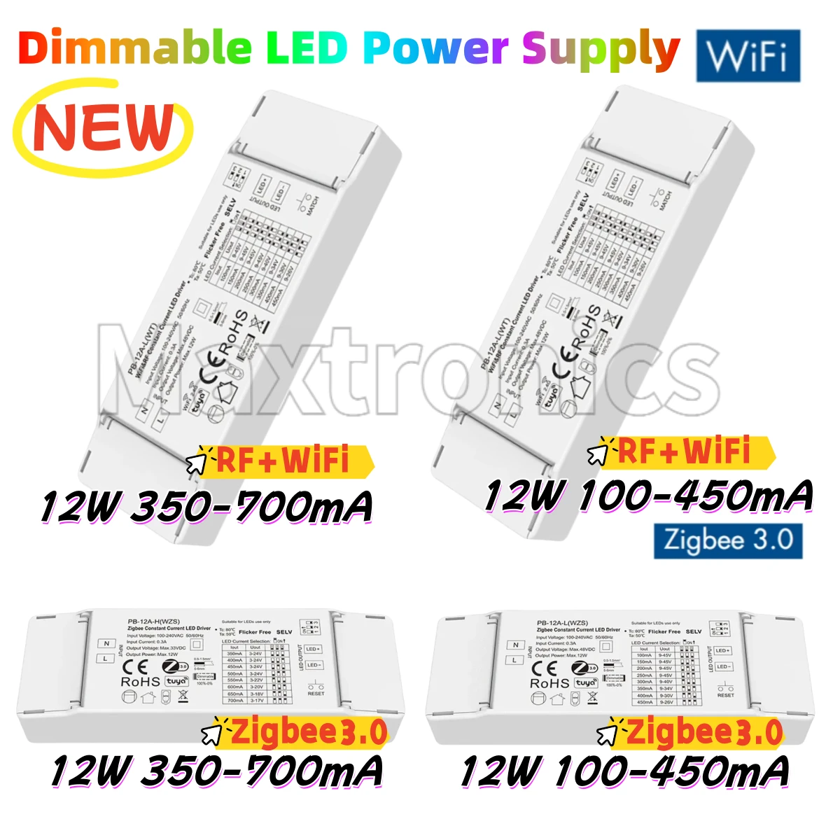 12W Zigbee3.0 Constant Current LED Driver PB-12A-H(WZS),PB-12A-L(WZS)/PB-12A-H(WT) Tuya APP WiFi&RF Dimmable Driver Power Supply