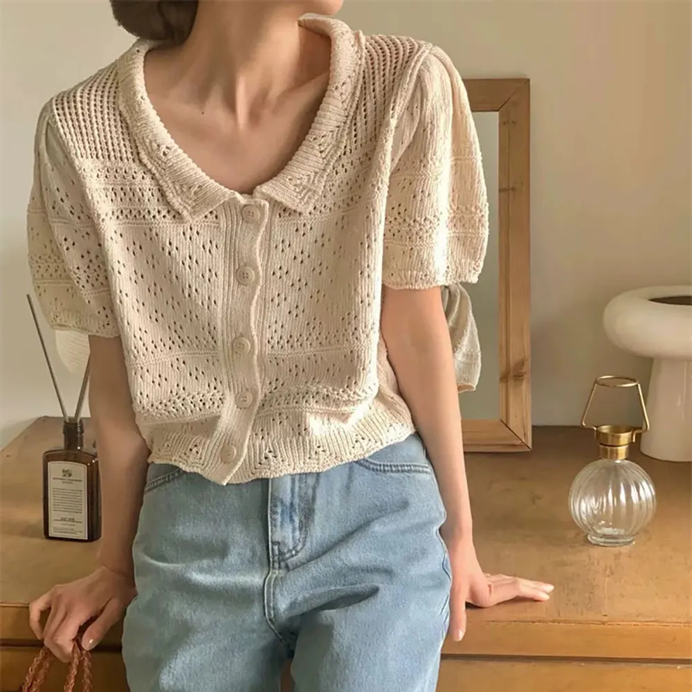 

Women's Commuter SK * Summer New Hollow Floral Lapel Short Sleeve Knit Sweater Harajuku Style