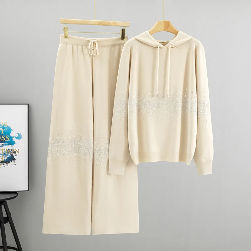 Europese en Amerikaanse zigeunersterren Hot Diamond Fashion herfst winter nieuwe gebreide pak met capuchon dames wijde broek tweedelige set