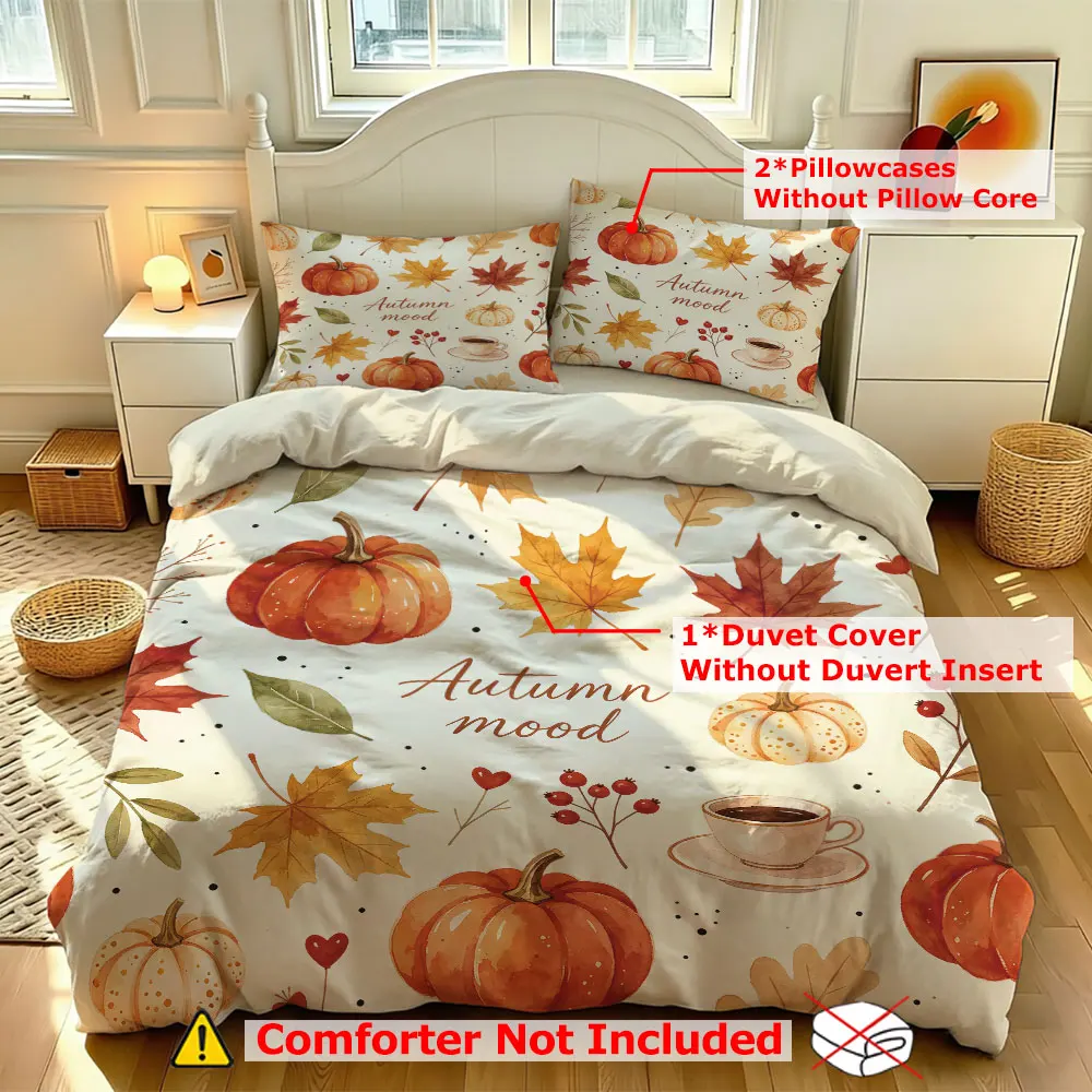 3PCS Duvet Cover Set Autumn Mood Pumpkin Maple Leaf Coffee Fall Theme Bedding Set Warm Cozy Bedroom Decor