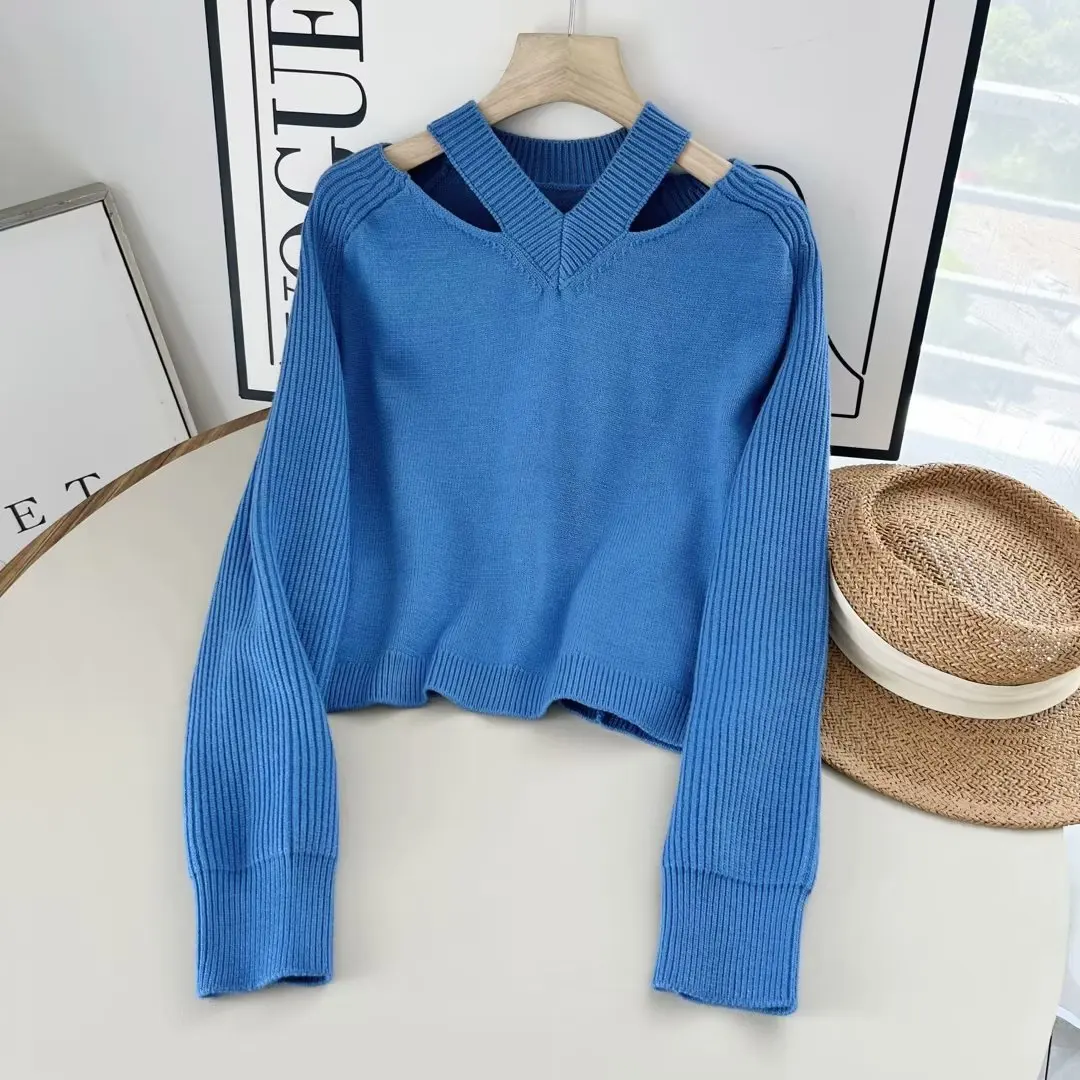 

Women Autumn New Fashion opening design Cropped V Neck Casual Knitted Sweater Vintage Long Sleeve Female Pullovers Chic Tops