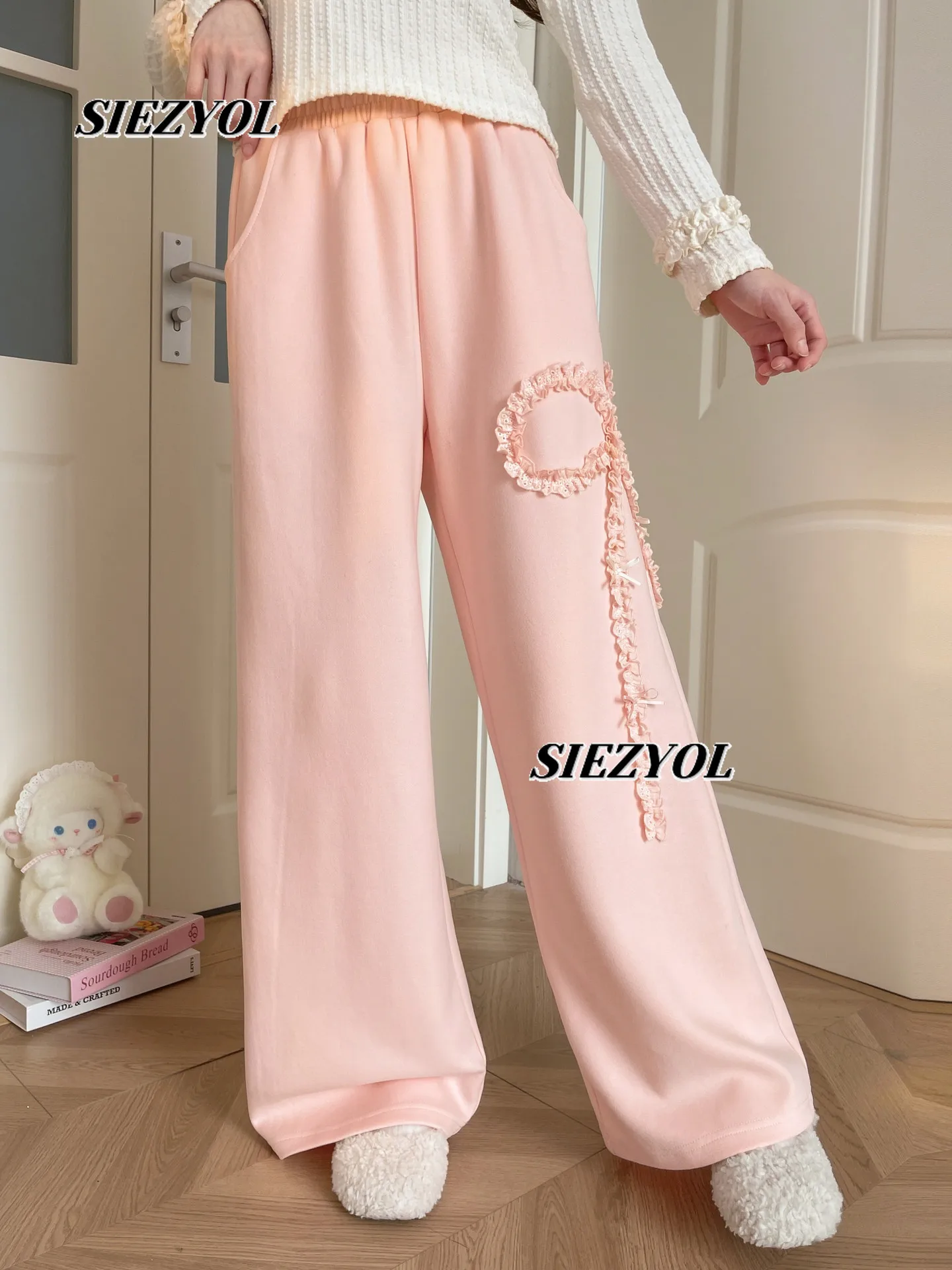 Pink High-waist Casual Pants Sweet Cute Girls New Versatile Elastic Waist Drape Straight Sports Trousers for Spring and Autumn