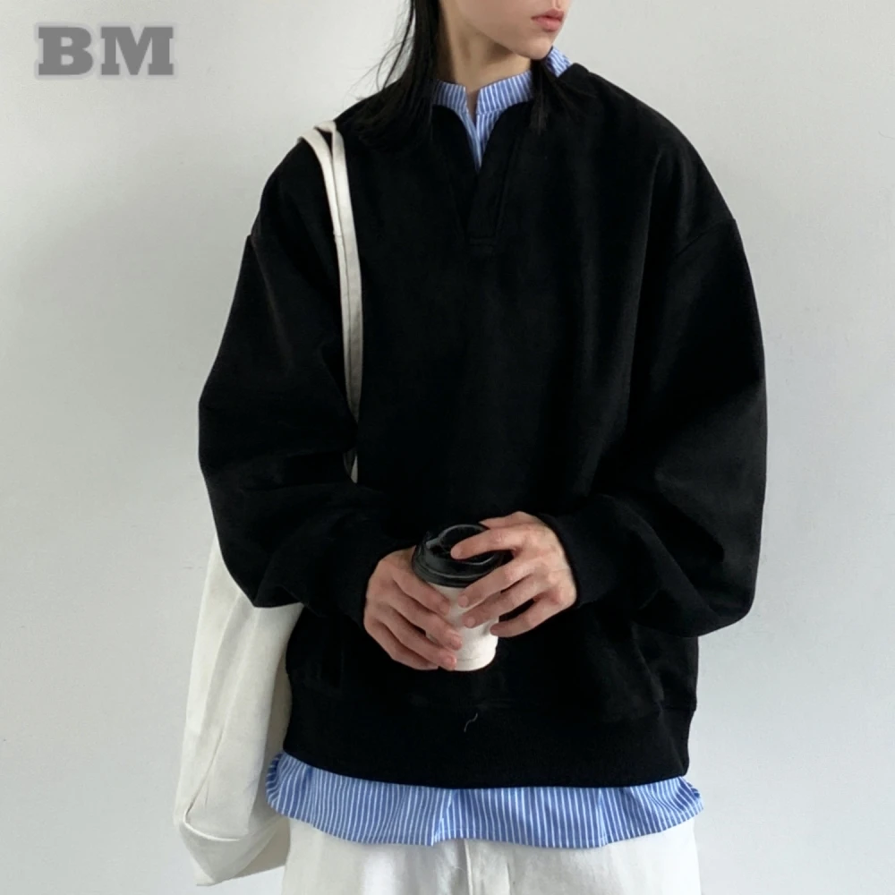 Korean Streetwear Oversized Long Sleeve Sweatshirt Men Women Casual Pullover Spring Fall College Style Minimalist Layered