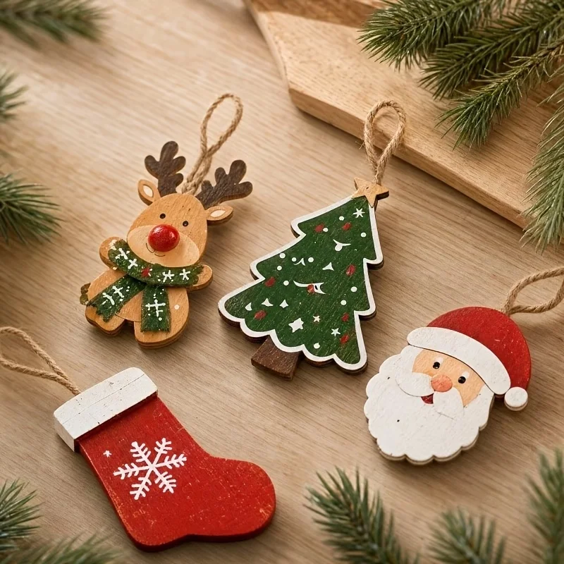 10pcs Christmas Wooden Ornaments Set Country Style Wooden Hanging Decoration Set Christmas Tree Winter Home Decor Holiday