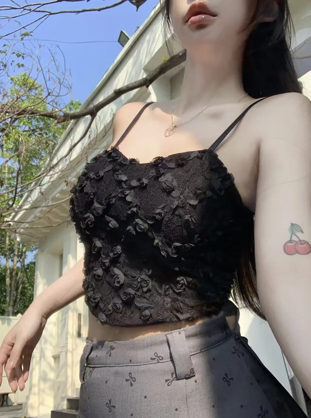 Pure Desire Women's Lace Camisole Top with Adjustable Straps 3D Floral Padded Sexy Feminine Millennium Style
