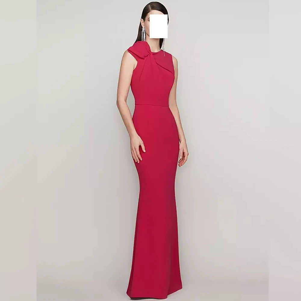 

Wedding Party Gowns Solid Color Zipper Back Sweep Train O-Neck Sleeveless Straight Jersey Pleats Bespoke Occasion Gowns Saudi