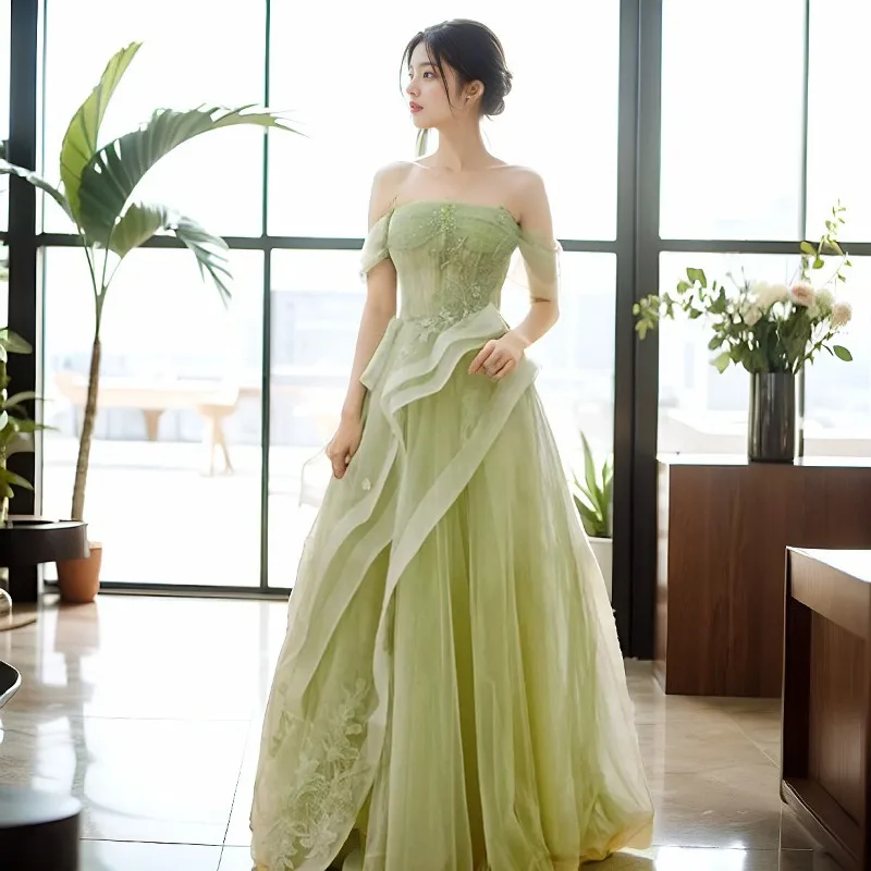 

2025 Spring Fashion New High Quality Women's Green Strapless Mesh Sweet Evening Dress Host Banquet Party Grand Display Dress