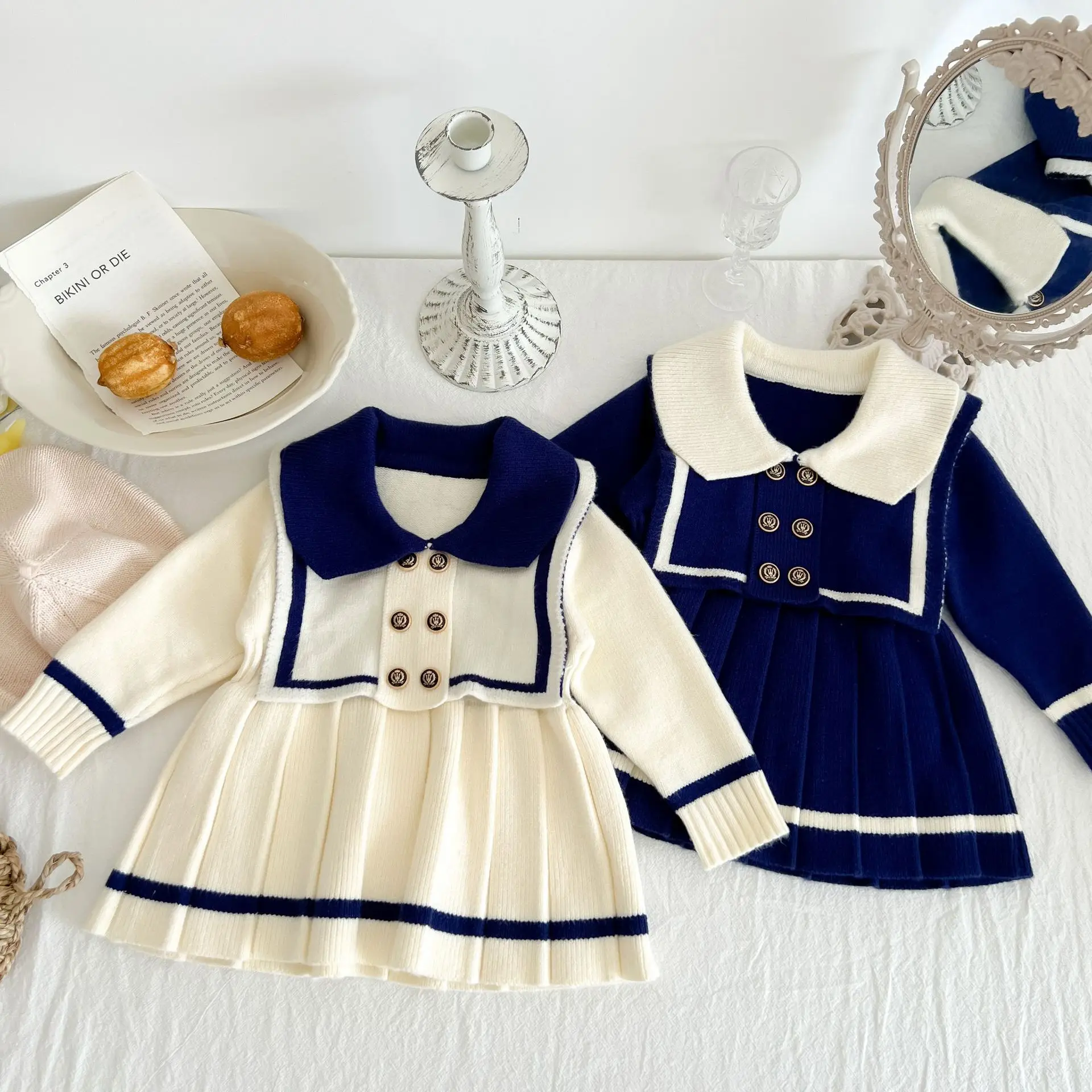 

Girls' Navy Style Woolen Dress Baby Girl Autumn Dress Korean Children's Clothing Long Sleeved Baby Knitted Pleated Dress