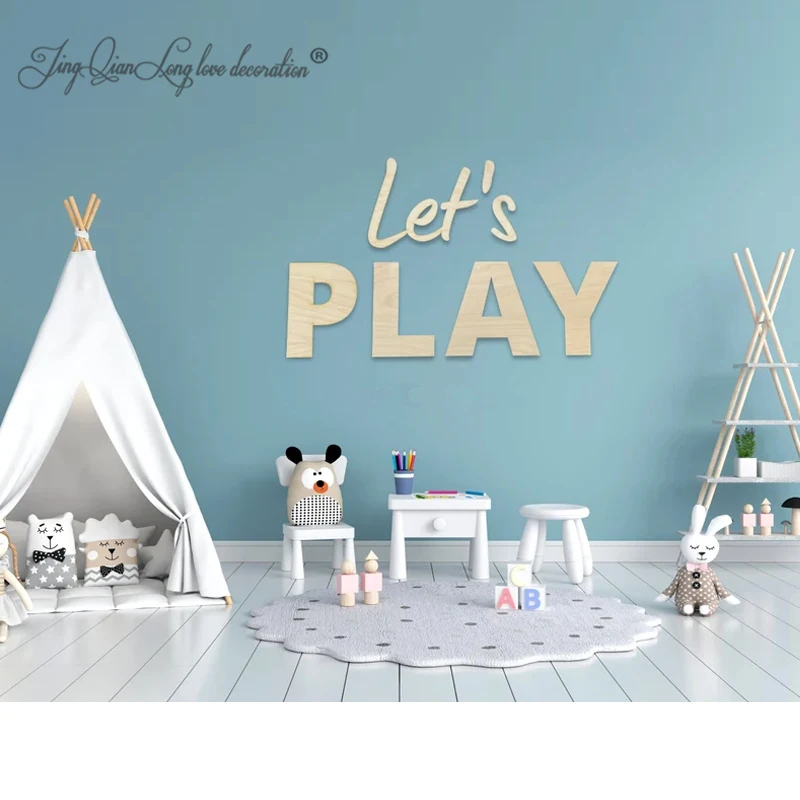 Let\'s PLAY Sign-letrero de madera para pared, cartel de letras para guardería, decoración artística de pared para dormitorio, letrero acrílico para