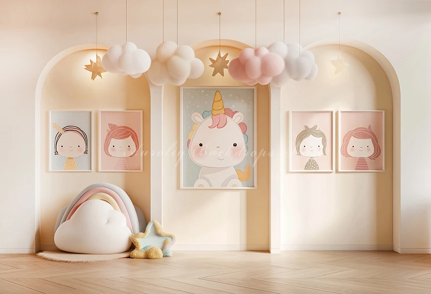 Wall With Four Posters of Childrens Drawings Backdrop Unicorn Kids Adult Photography Props Child Baby Photocall Decor
