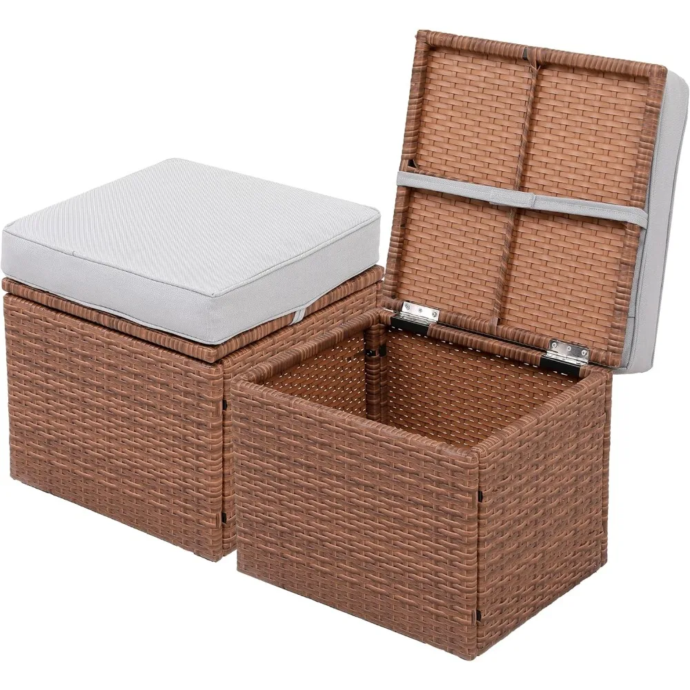 

Premium Elegant Gray/Tawny 16.5" 2-Piece w/ 3" Fade-Proof Cushion, All-Weather Wicker Indoor/Outdoor Ottomans, PE Rattan