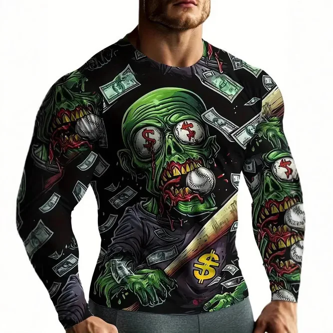 New Arrival Niche Design Men's Fashion Trendy Long-Sleeve Crew Neck Casual T-Shirt with Funny Pattern Print