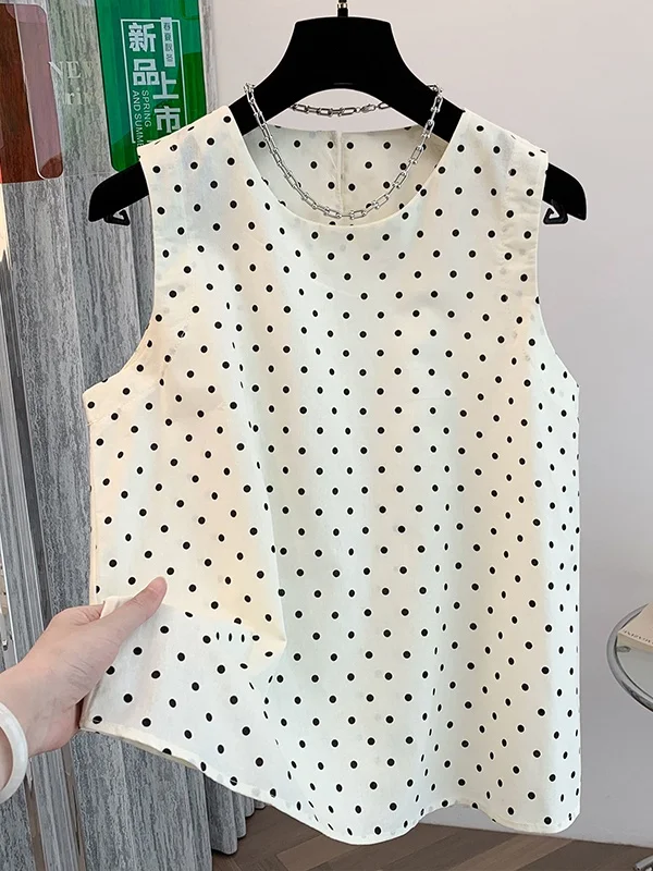 

Japanese Style Large Brand Linen Polka Dot Vest Women's Artistic Casual Loose Cotton Linen Sleeveless Top
