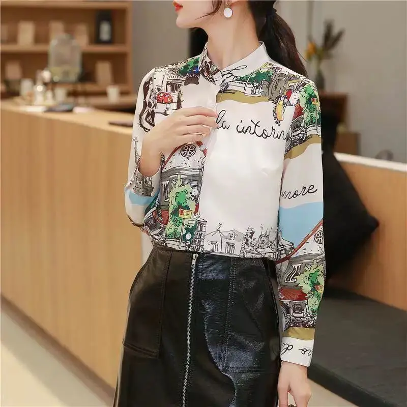 Spring Autumn New Round Neck Long Sleeve Fashion Shirt Women High Street Printing Button Patchwork Cardigan Vintage Elegant Tops