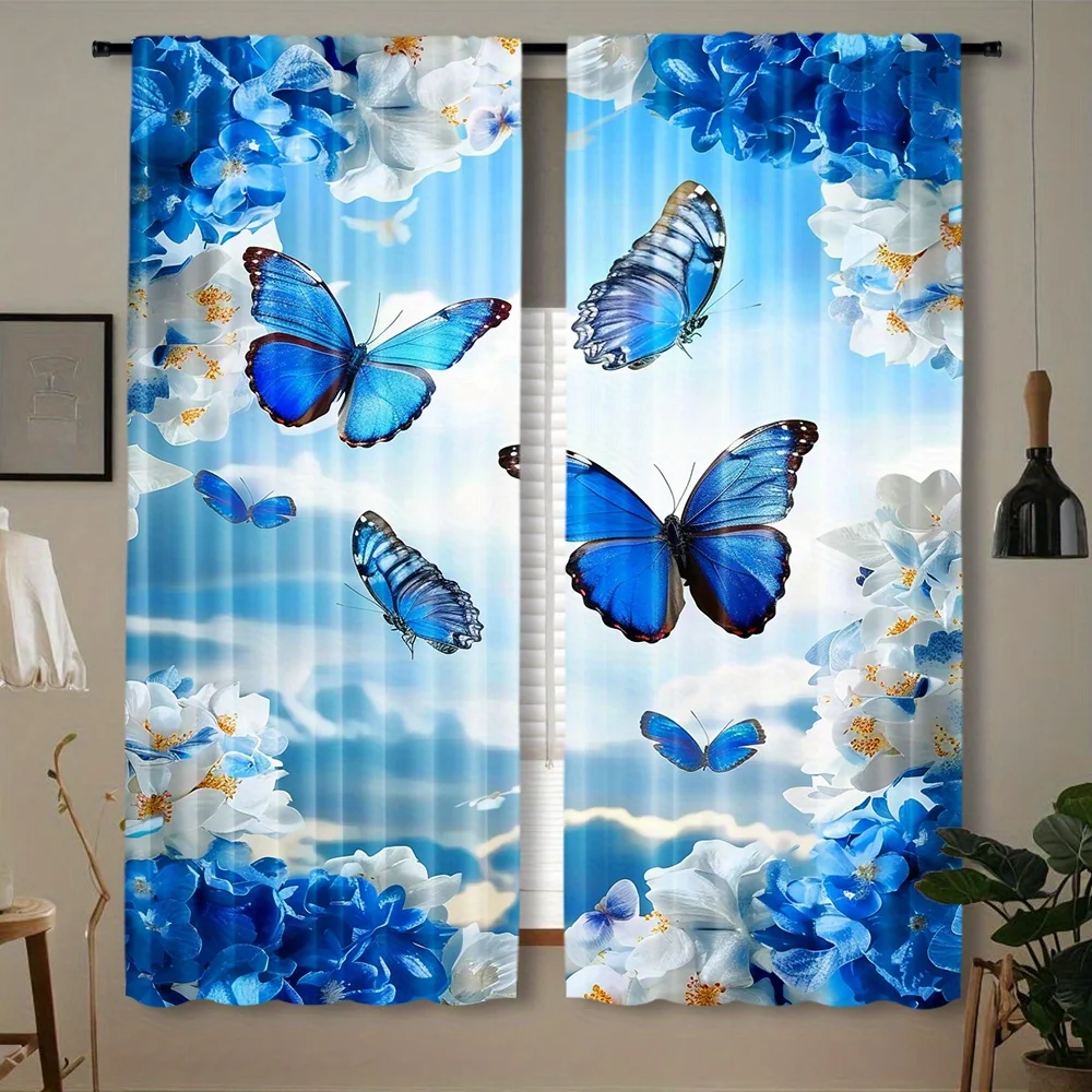 Sky Cloud Blue Butterfly Theme Curtain 2 Panels Vivid Sapphire Insect White Blossom Soft Airy Living Room Curtain Gentle Modern