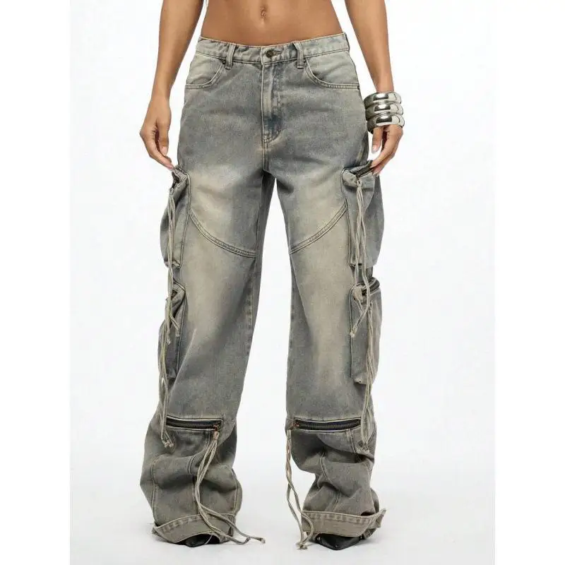 R 80672 Street Style Cargo Jeans High Street Workwear Denim Pants Cross-Border Low Waist Stretch Denim Women's Fashion