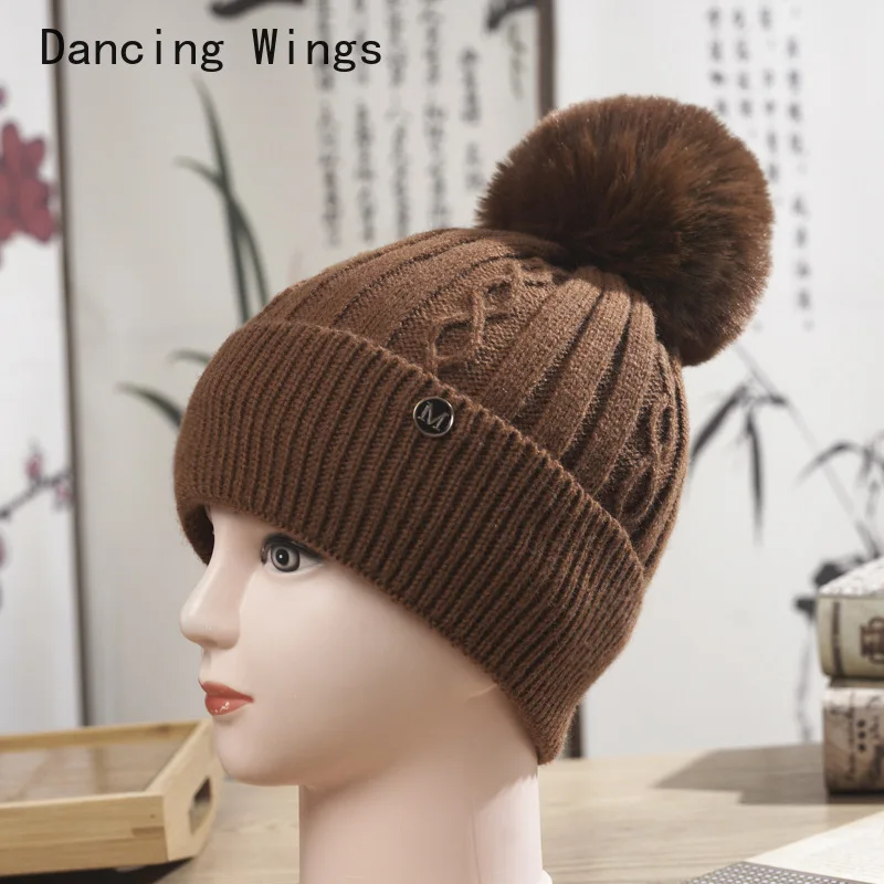 New faux fur pom pom knitted hat fashion winter hat for girl women warm beanies Plus velvet thickening