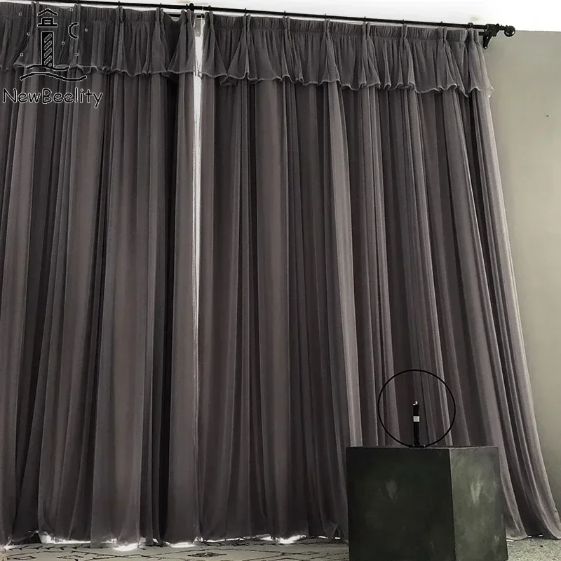 French Lace Double-layer Dark Gray Tulle Window Curtains for Living Room Bedroom Dining Balcony Bay Window Small Curtain Decor