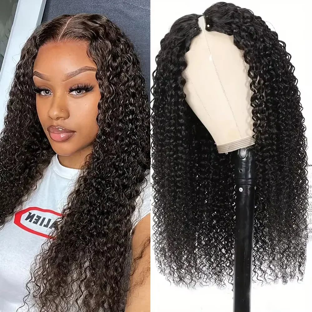 V Part Wig Kinky Curly Brazilian 32inch Human Hair Upgraded Natural Color Deep Wave Wig Full Machine Made Black Wigs For Women