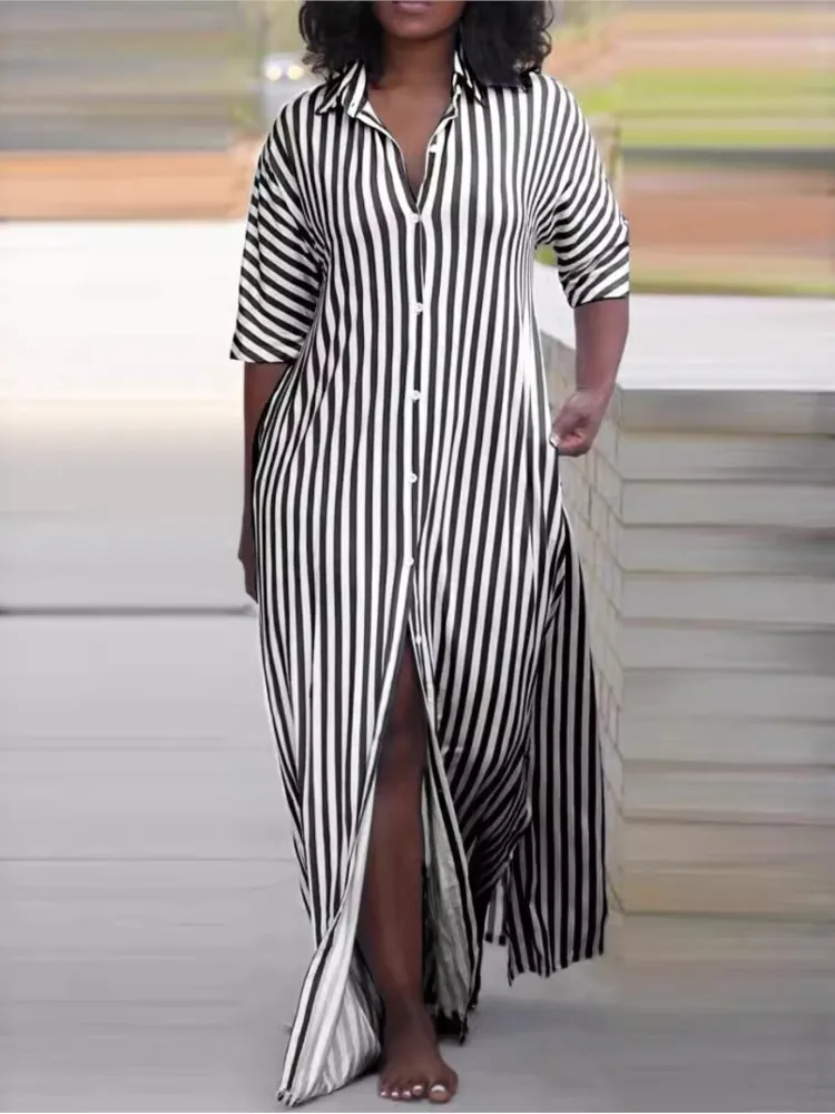 Fashion Casual Stripe Shirts Long Dresses Women Spring Summer New Loose Half Sleeves Commuting Lady Dress Simple Style Vestidos