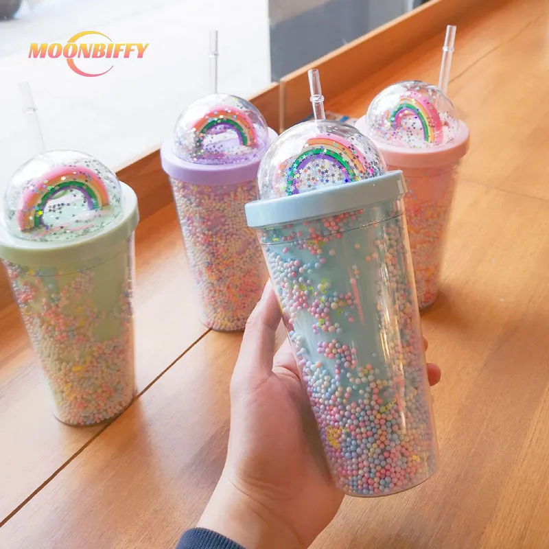 Cartoon Cute Rainbow Cup with Straw Double Plastic Woman Girl Water Bottle Kids Cup Sippy Cup Straw Cup Summer Portable Cup