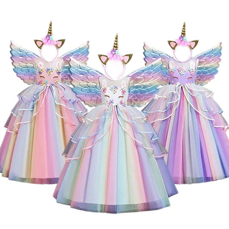 Cosdea Girls Kids Unicorn Cosplay Dress For Children Rainbow Sleeveless Wedding and Birthday Party Princess Costume Evening Form