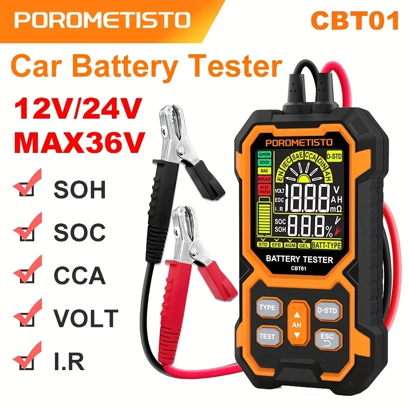 

CBT01 Car Battery Analyzer And Testing Device for DC 12V/24V MAX 36V, Digital Tester Compatible with STD, EFB, AGM, GEL Batterie