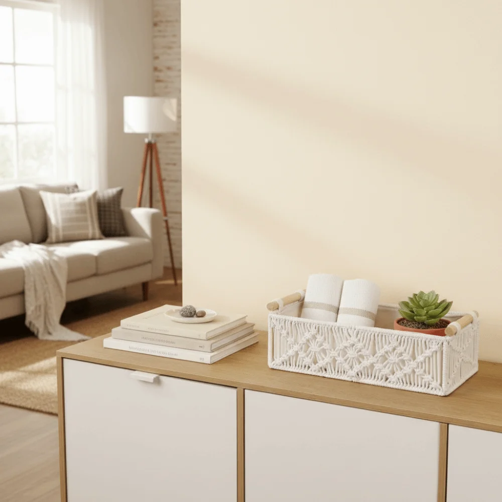 

Boho Decor Style Storage Baskets Handmade Multi-functional Woven Storage Boxes Warm White Cabinet Organizer Home Organization