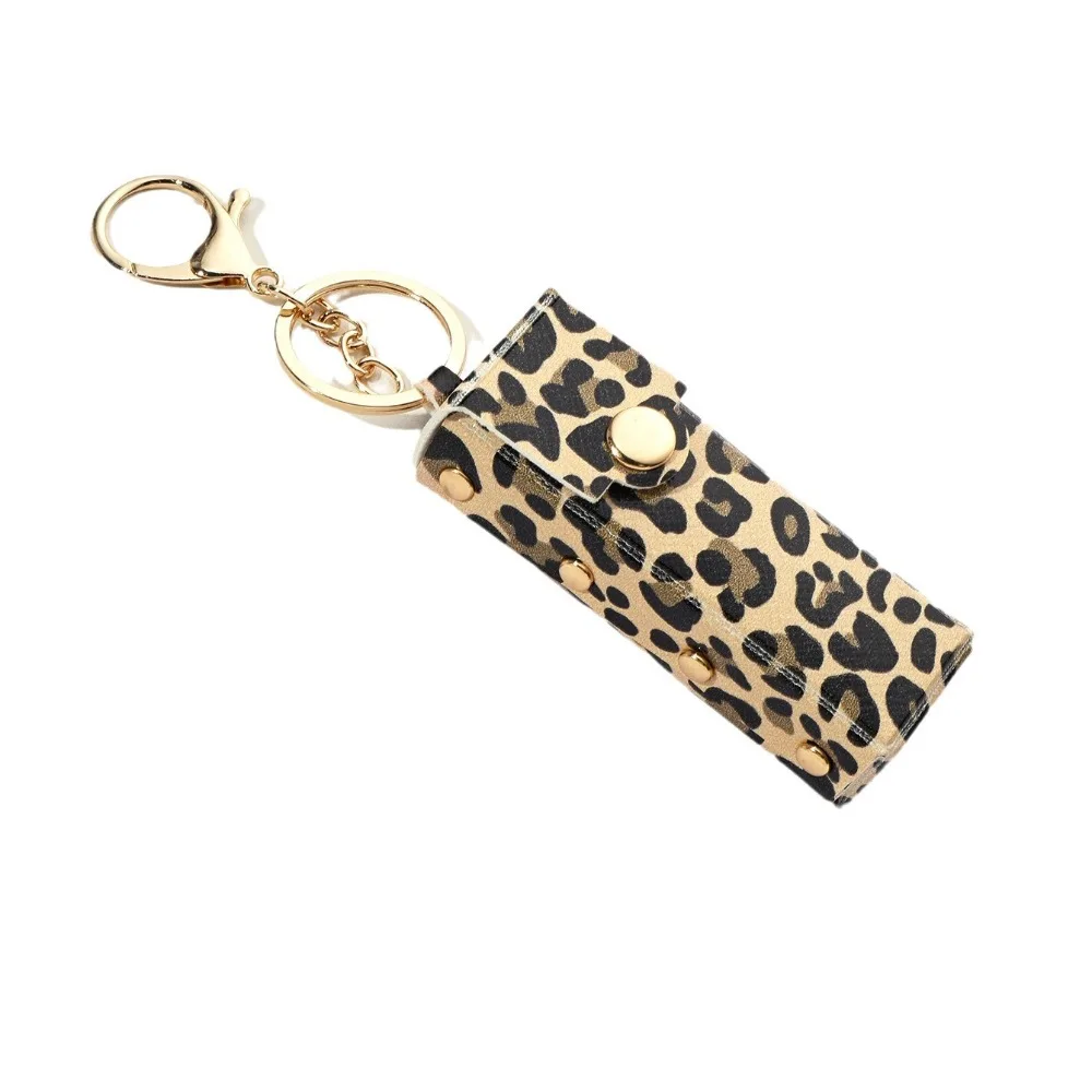 Trendy Leopard Print Leather Keychain Portable Lipstick Bag Keyring Pendant Key Ring Chain Bag Charm