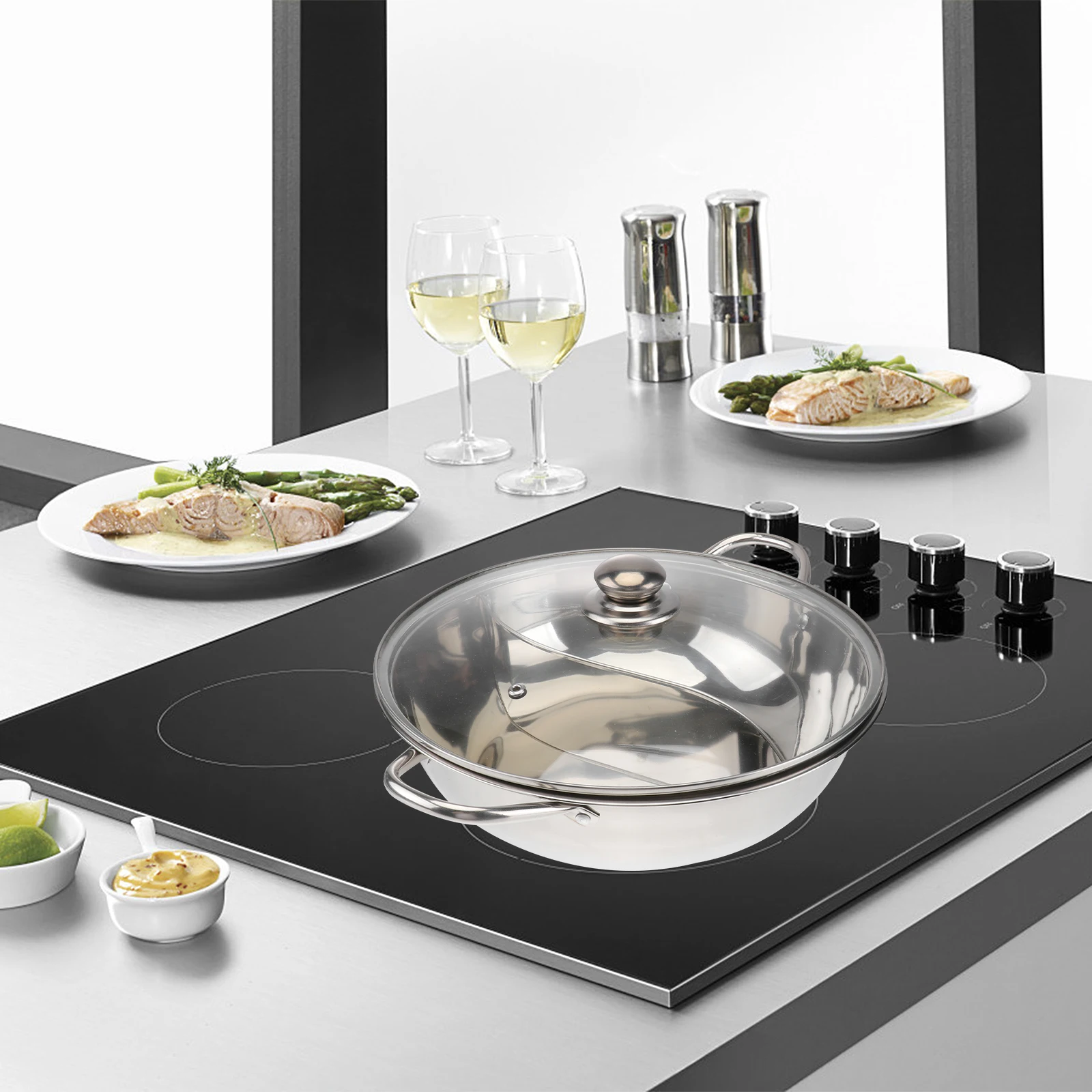 

304# Toughened Glass Lid Hot Pot Cookware Dual Sided Stainless Steel Induction Cooker Pot Multifunctional Cooking Pot