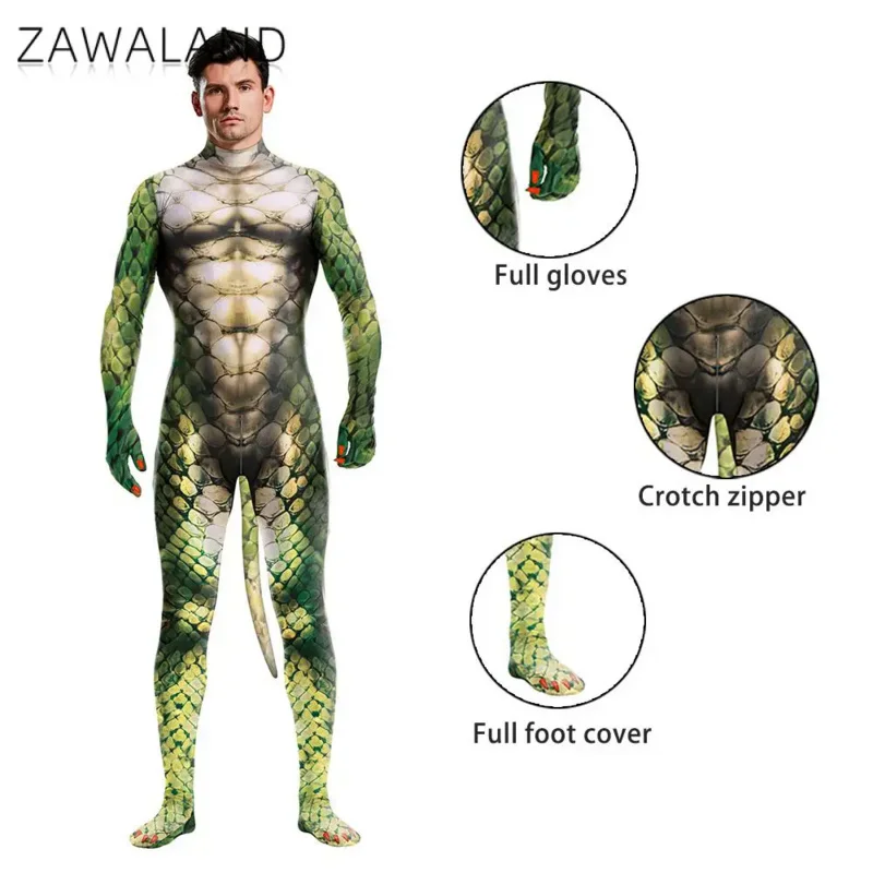 Zawaland Snake Costume with Tail Halloween Cosplay Petsuit for Man Crotch Zipper Carnival Catsuit Holiday Zentai Bodysuit Outfit