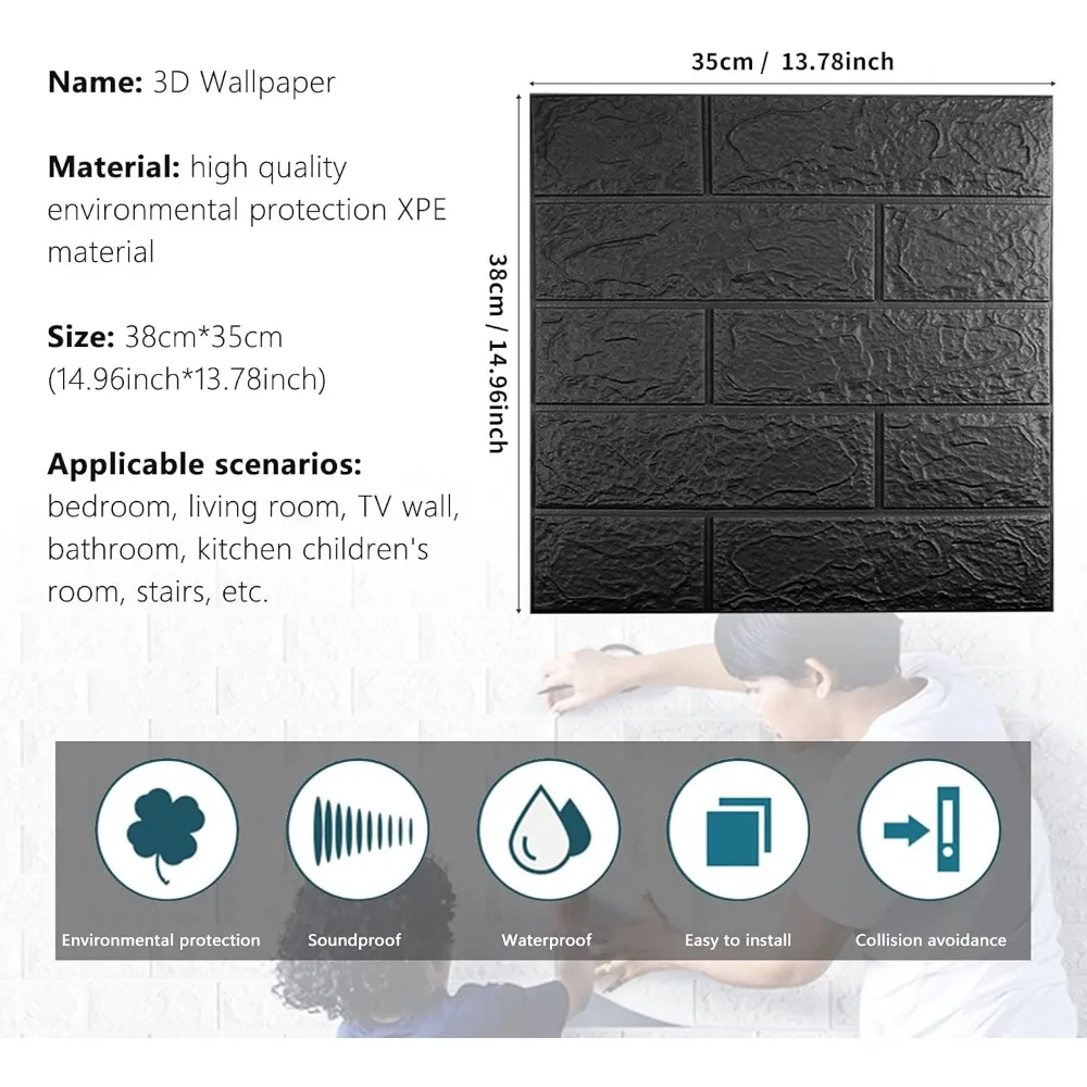 40 PCS Black 3D Wall Panels, 58 sq.feet Coverage Printable Wallpaper Sticker with Self-Adhesive Waterproof Brick PE Foam