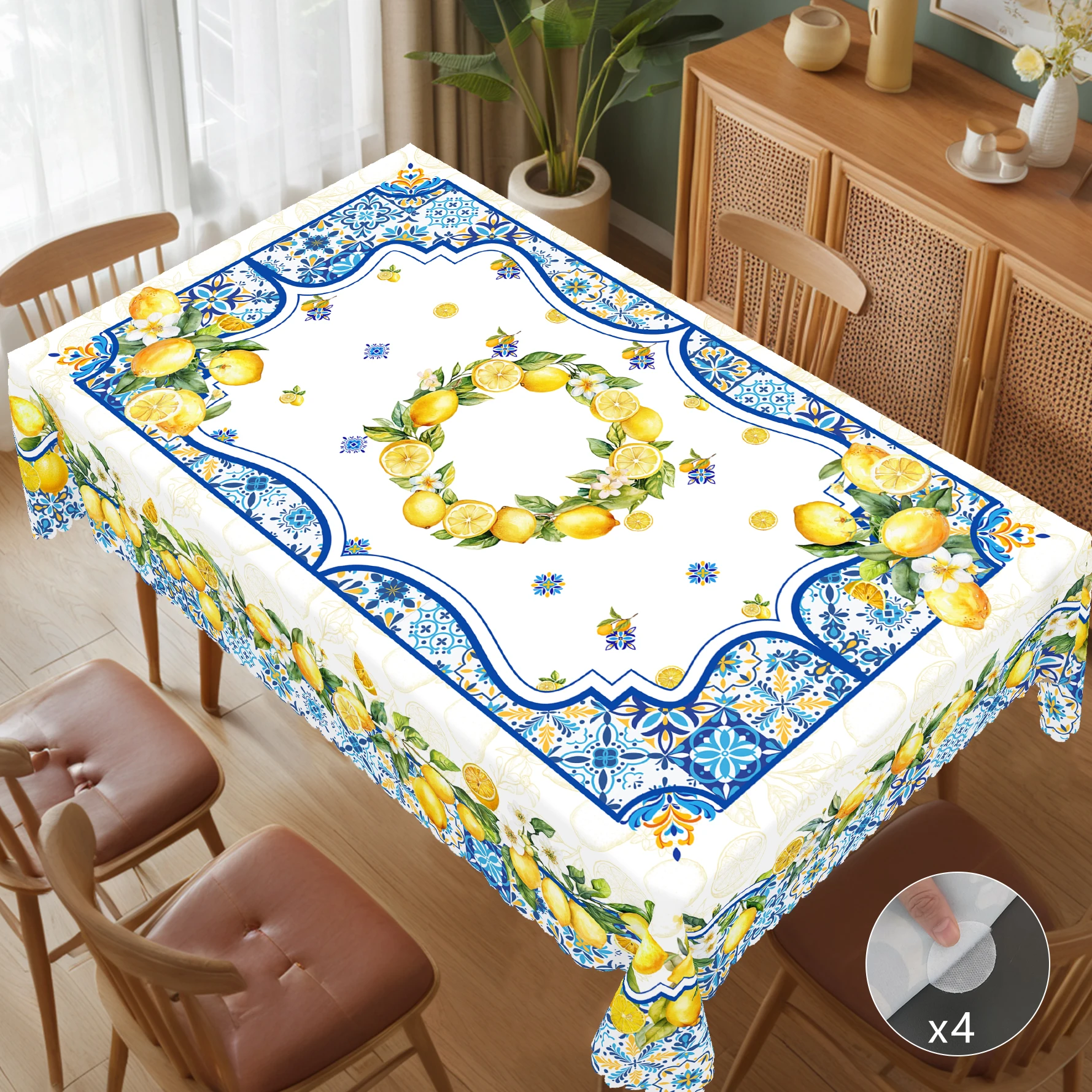 1 Piece Summer Fruit Lemon Print Rectangular Tablecloth, Blue and White, Patterned Round Tablecloth, Party Tablecloth, Home Table Decoration, Courtyard Camping Table Decoration, Table Cover for Daily Home Kitchen, Restaurant Terrace Indoor and Outdoor Use