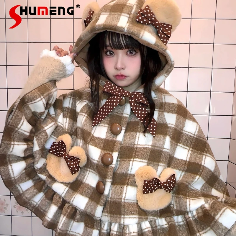 

Японский клетчатый плащ с капюшоном в стиле Лолиты для девочек, осенне-зимний новый шерстяной короткий жакет с милым бантом для девочек, женские накидки Y2K, пончо